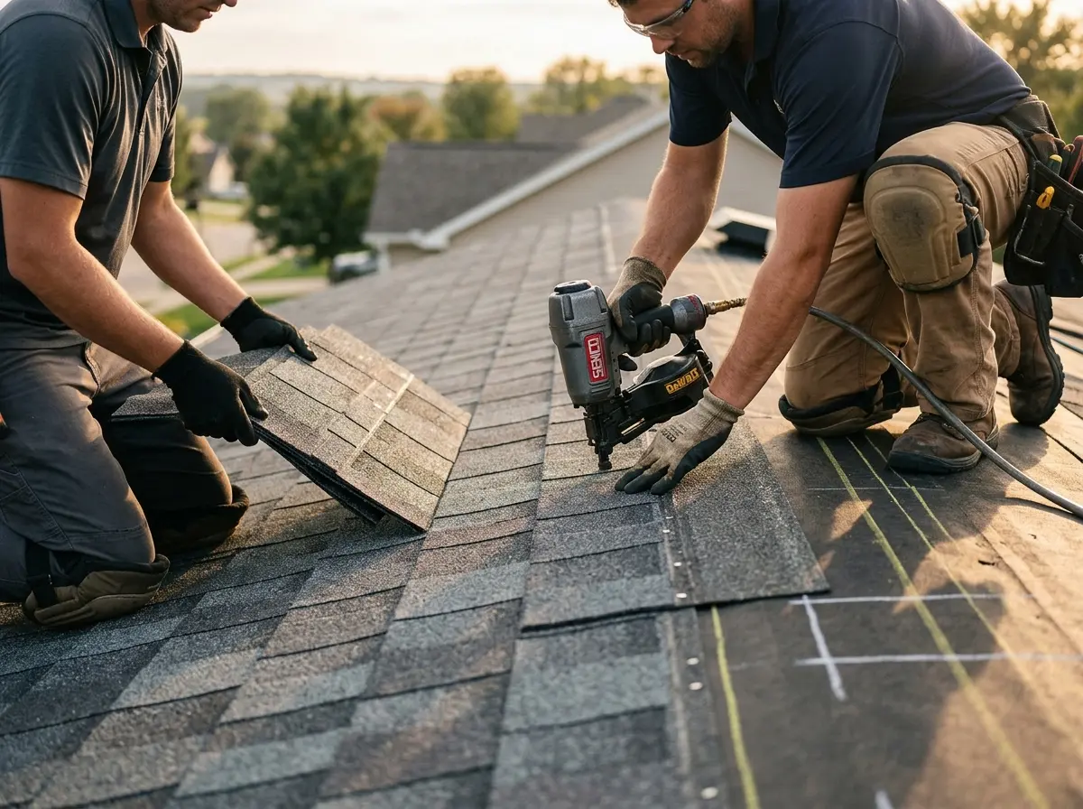 Professional roofer working on a residential roof in Flat Rock